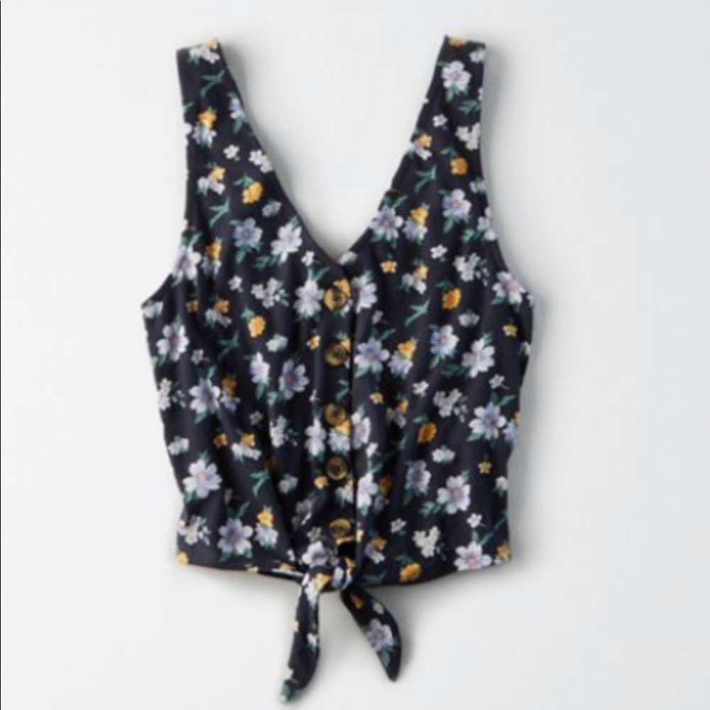 BNWOT AE Floral Tropical Print Button Front Knot Crop Tank Top